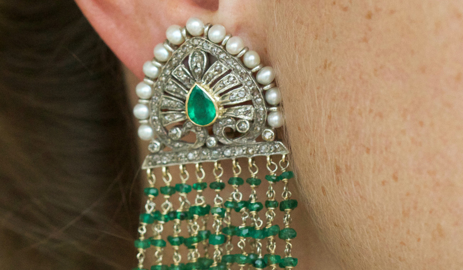 Emerald Pearl and Diamond Earrings