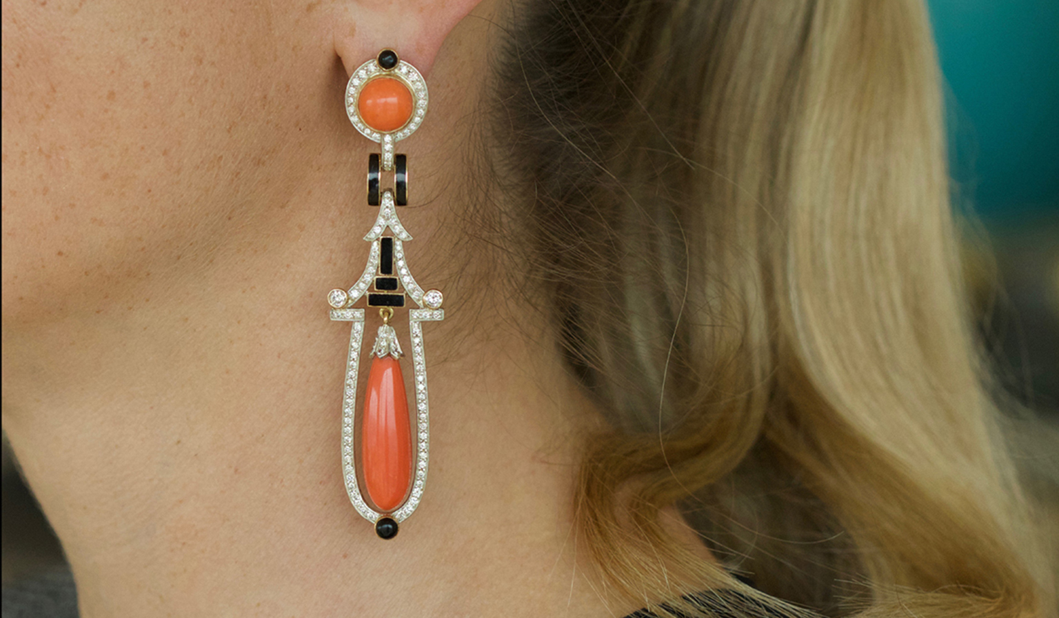 Coral Diamond and Black Enamel Earrings